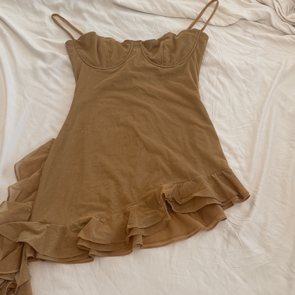 Babyboo Ruffled Tan Dress with Spaghetti Straps